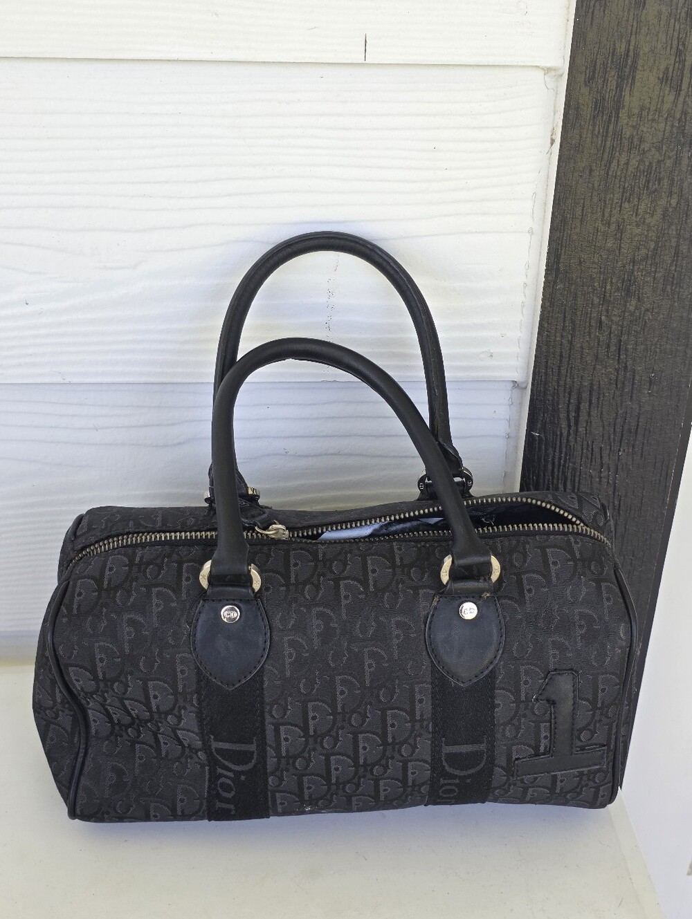 Christian Dior Trotter Monogram Boston Satchel Black Canvas Leather Handbag - Picture 2 of 13